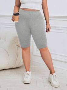 SHEIN Essnce Talla grande Shorts biker unicolor - Gris Claro - Ver 6