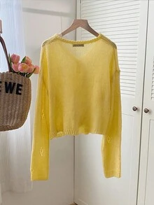 SHEIN Unity 女士休闲镂空长袖薄款开衫，可爱温柔，黄色，适合度假和户外 - 黃色 - 查看 2