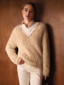 MOTF PREMIUM METAL DECOR FLUFFY KNIT PULLOVER SWEATER - Khaki - View 5