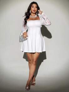 Viva Relle Vestido mini de línea A con volantes en el bajo, de mangas largas con hombros descubiertos, con detalles de encaje y lazo en la parte delantera, elegante, dulce y sexy, para mujer de talla grande, apto para fiestas, cumpleaños, eventos formales, regreso a casa y San Valentín. - Blanco - Ver 5