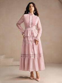 Anewsta Elegant Stand Collar Ruffled Lace Patchwork Romantic Pleated Slim Fit Dress, Suitable For Festival, Wedding Guest, Autumn, Fall, Winter, Going Out, Elegant, Formal, Chic, New Year, Christmas, Work, Graduation, Wedding