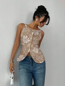 Chiquease 女士优雅珍珠纽扣前无袖衬衫 - 卡其色 - 查看 6