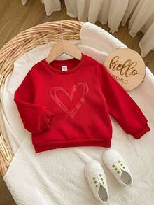 女宝宝可爱休闲简约可爱俏皮爱心图案抓绒纯红色圆领毛衣，适合亲子装、母女装、生日派对、晚宴、演出、婚礼、洗礼、开幕式等场合，日常穿着、上学、旅行、秋冬季皆宜。 - 紅色 - 查看 5