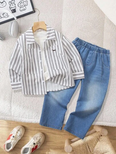 Genkimix Kids 3 件套幼儿男童活力条纹动物印花长袖 Polo 衫和宽松牛仔裤套装，采用经典条纹和小狗印花，松紧腰牛仔裤，面料柔软舒适，适合上学、居家、户外、运动
