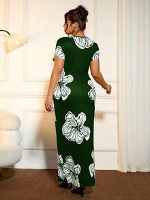 Cravure Women's Fitted Waist Elastic Floral Print V-Neck Dress - Dark Green - View 2