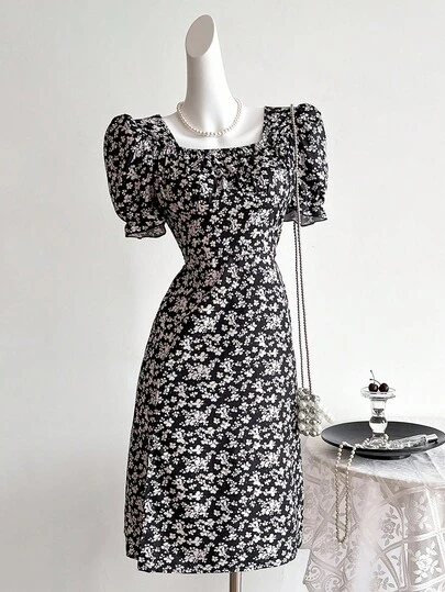 Sweetra Young 青少女方領無袖分裂花卉印花裙