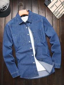 Manfinity Homme 男士休闲修身长袖牛仔衬衫，带口袋，街头风格，秋季 - 中等水洗藍 - 查看 1