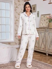 CottageSlumber 双面印花法兰绒蓬松睡衣套装，舒适优雅细节抓绒睡衣，秋冬服装 - 紫色 - 查看 5