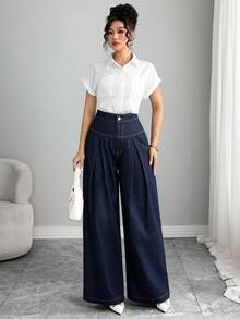 SHEIN Elenzya 女式高腰褶皱口袋阔腿宽松休闲牛仔裤 - 深色水洗藍 - 查看 4