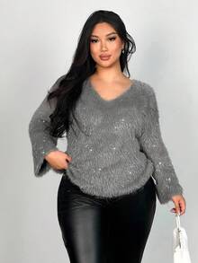 Firerie Plus Size Women's Grey Elegant V-Neck Fuzzy Pullover Sweater High-Elastic Trumpet Sleeve Knitwear Party, Wedding & Casual Commuting, Fall/Winter - Grey - View 1