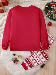 SHEIN 1 Set Merry Christmas Women's Pajamas - Red Long Sleeve Top With Decorative Christmas Tree Print, "Merry Christmas" Text In White Cursive Font, Contrasting Color Block Pants With Layered Christmas Tree & Snowflake Print. Stretchy, Breathable Knit Fabric, Machine Washable, Comfortable Fit, Easy Care. (4 Sets Sold Separately) Family Christmas Matching Pajamas Set, Fall Winter Clothes