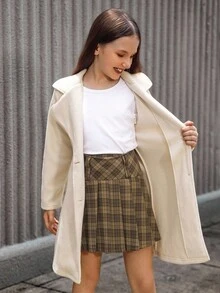 女童优雅法式翻领单排扣泰迪熊仿皮草长袖中长外套 - 米色 - 查看 9