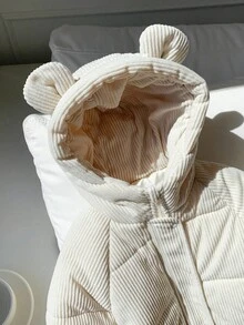 SHEIN 幼儿休闲长袖连帽夹克，带有可爱的 3D 耳朵设计，毛绒绒面料，秋冬女童服装