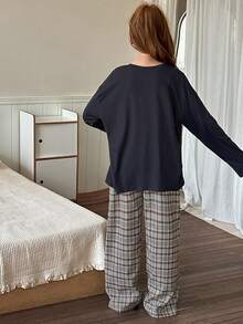 DAZY 少女宽松舒适格子直筒裤休闲家居服，秋季 - 黑色 - 查看 5