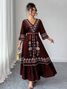 Elenzga Christmas Plus Size Women Placement Print Beach Dress, Bohemian Style - Burgundy - View 7