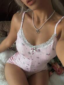 CottageSlumber Bộ đồ liền thân hai dây phối ren hoa nhỏ gọn dệt kim Jacquard - Hồng - Xem 5