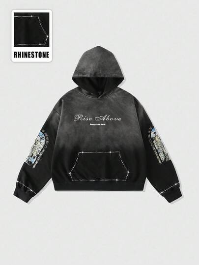 Street Life Sudadera con capucha de estilo corto y suelto con estampado de diamantes brillantes para hombres