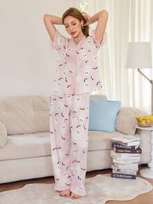 Dream Adore Halloween Cute Ghost Print V-Neck Cardigan Ruffle Trim Short Sleeve Pajama Set  Cozy And Elegant Details - Pink - View 4