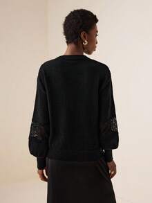 Vesra 女士休闲撞色蕾丝灯笼袖圆领毛衣，秋冬 - 黑色 - 查看 2