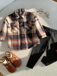 2 Stück Baby Mädchen Retro Karomuster Flanell Hemd Jacke mit Kragen und Knöpfen & Dicke Hose mit elastischem Bund, geeignet für den Winter