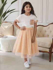 2pcs Tween Girls Sequins Decor Round Neck Short Sleeve Top Tee And Elegant Sparkly Mesh Skirt Set, Spring And Summer,Holiday,Summer,Travel Summer Holiday