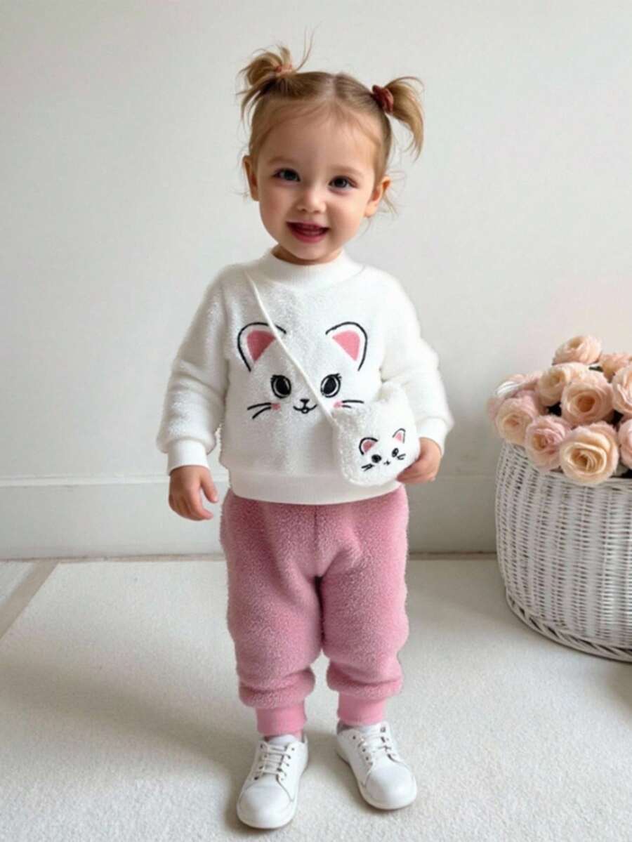 SHEIN 2 件套女婴羊毛衫 + 裤子套装，长袖套头衫上衣 T 恤配松紧腰长裤，圆领保暖厚实柔软舒适面料，可爱刺绣小猫动物休闲日常穿着冬季新款 - 彩色 - 查看 1
