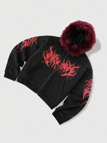 ROMWE MEN Goth 男士图案印花保暖内衬连帽毛领运动衫，秋冬款 - 黑色 - 查看 5