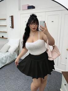 SHEIN EZwear 大码纯色休闲百褶迷你裙 - 黑色 - 查看 11