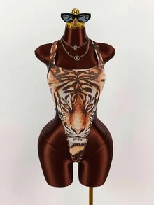 Amplova Body de mujer talla grande con escote pronunciado y estampado de tigre