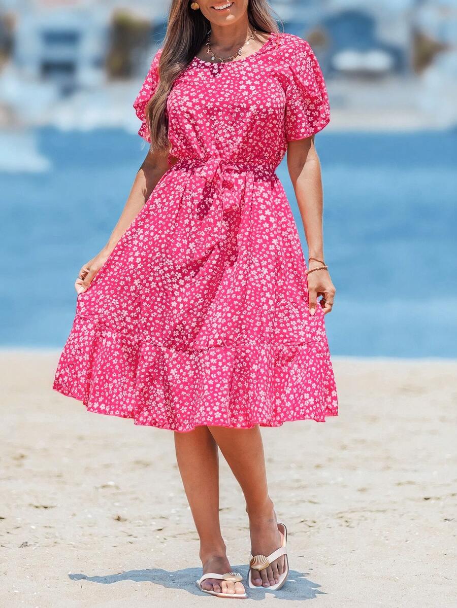 Sylviya 碎花荷叶边下摆束带连衣裙 - 彩色 - 查看 1