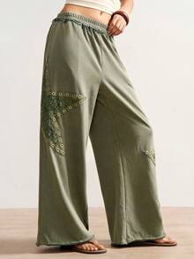 Bohemela Casual Solid Color Knit Loose Wide-Leg Women Pants Wide Leg Pants Loose Pants Lace Up Pants Boho Pants Eyelet Pants - Army Green - View 7