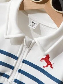 Genkimix Kids 2 件套幼儿男童休闲套装，刺绣条纹 Polo 领运动衫 + 破洞牛仔裤，春秋季时尚装扮 - 藍白色 - 查看 5