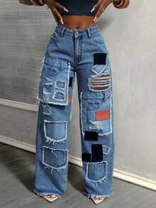 BamGleam 女士时尚街头拼布磨边口袋做旧宽松阔腿牛仔裤 - 中等水洗藍 - 查看 3
