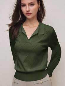 BizChic 春夏新款绿色 Polo 领菱形针织设计女士长袖套头毛衣，时尚优雅，适合都市通勤、日常穿着，百搭90年代复古风，可搭配圣诞节、新年、情人节派对、海滩、毕业典礼等场合，适合婚礼宾客、女主人、约会、派对、音乐会、早午餐、机场、度假等各种场合。 - 軍綠色 - 查看 5