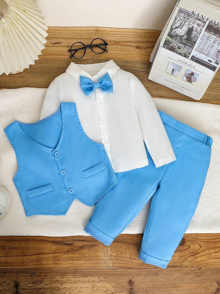 SHEIN Baby Boy Solid Color Vest And Pants Gentleman Suit Set - Blue - View 1