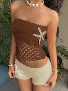 Aloruh 女式钩针海星镂空紧身短款上衣，适合秋冬季音乐节 - 棕色 - 查看 6