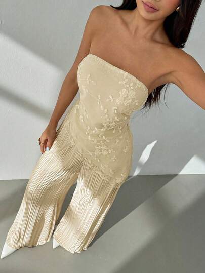 SHEIN PETITE 女款 2 件套花卉刺繡網紗不對稱下擺短版上衣與長褲，時尚全白派對套裝，適合嬌小女性