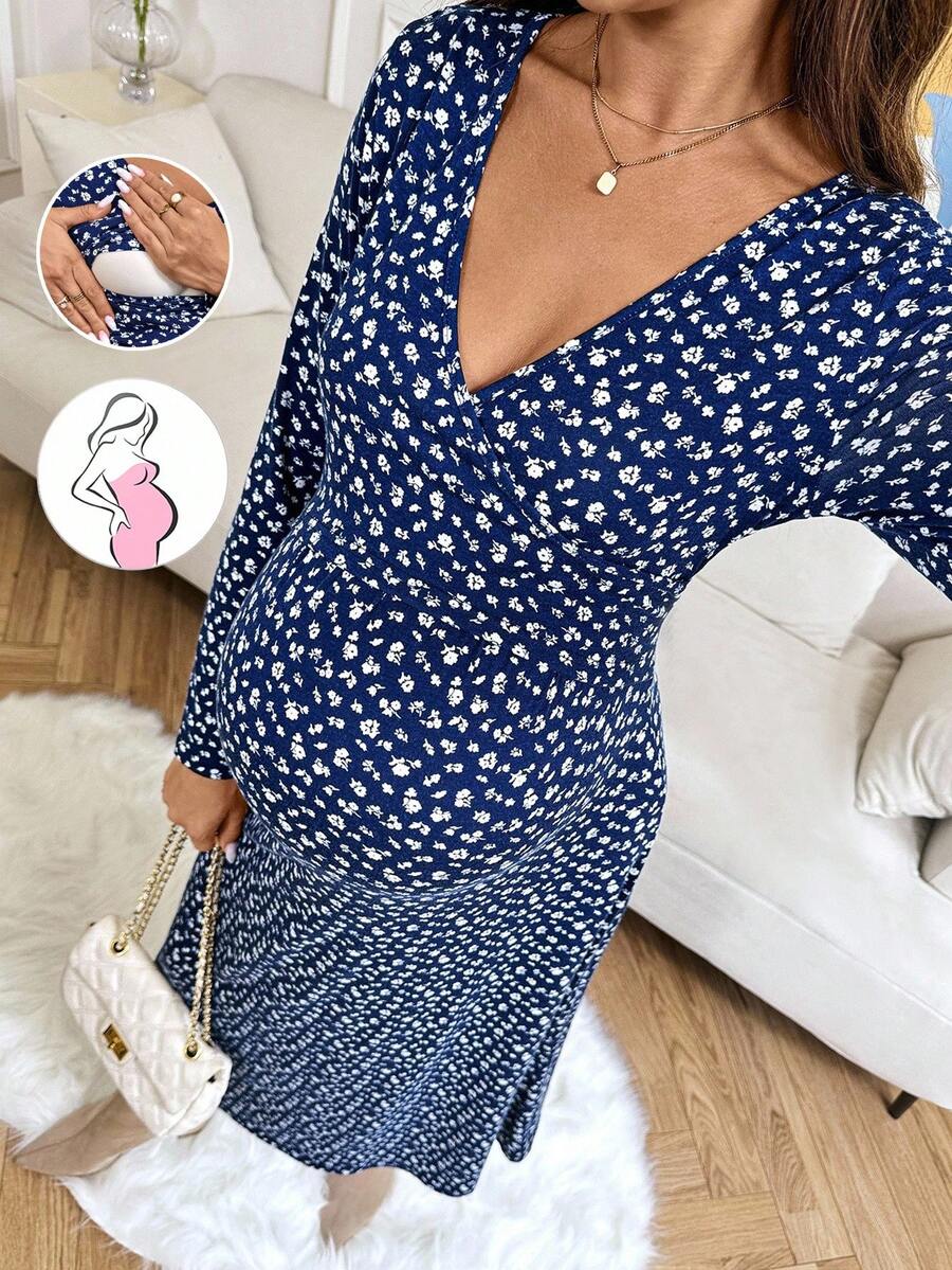 SHEIN 孕妇休闲碎花长袖哺乳连衣裙 - 藏蓝色 - 查看 1
