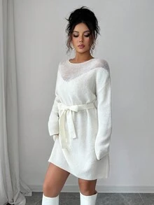 Elenzga 镂空拼布宽松系带女针织连衣裙 - 白色 - 查看 5