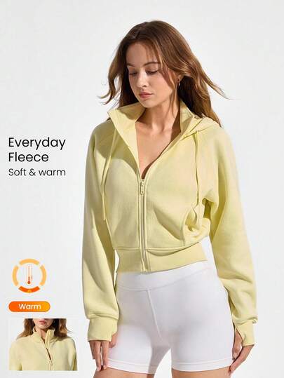 GLOWMODE Fleece Cozy Soft Ribbed Cuffs Hem Thumbholes Detachable Hood Cropped Zip-Up Sweatshirt Daily Casual Wear