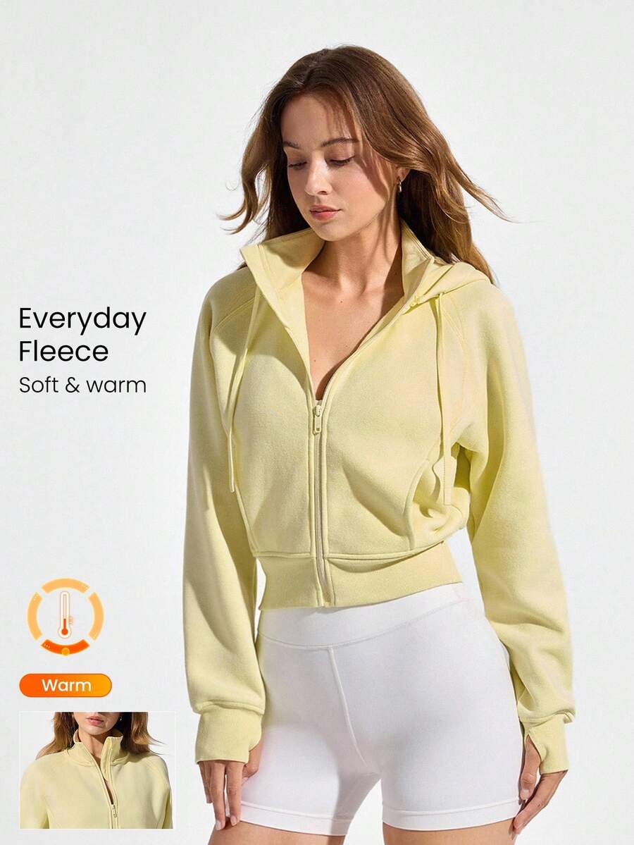 GLOWMODE Fleece Cozy Soft Ribbed Cuffs Hem Thumbholes Detachable Hood Cropped Zip-Up Sweatshirt Daily Casual Wear