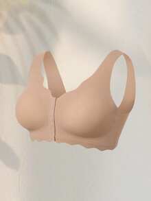 DesireSculpt Casual-Comfy Simple Seamless Wave Edge Wide Shoulder Straps Front Buckle Women's Plus Size Wirefree Bra Front Closure Bra Wireless Bra Support Bra Plus Size Bra Goth Full Coverage Bra - Dusty Pink - View 6