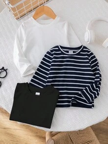 SHEIN 男婴三件套春秋季黑白条纹纯色圆领长袖上衣，柔软舒适，休闲百搭，适合居家及户外穿着，时尚秋冬款 - 彩色 - 查看 8