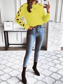 EMERY ROSE 女士性感交叉镂空袖圆领毛衣，秋冬 - Butter Yellow - 查看 6