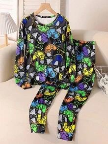 2 件套男童数码印花长袖上衣和裤子休闲家居服套装，秋季 - 彩色 - 查看 4