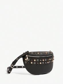 SHEIN SXY Bolso de pecho, bolso de cintura, bolso de hombro para mujer, en color dorado, plateado, negro mate, con remaches, cool, de moda, de calle, sencillo, personalizado, versátil, para citas, uso diario, compras, té de la tarde