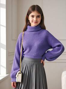 SHEIN Tween Girl Turtleneck Lantern Sleeve Sweater - Purple - View 7