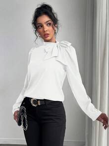 Rafferiza 女士纯色优雅百搭系带领泡泡袖衬衫 - 白色 - 查看 4