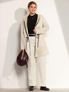 Momelise Neue Damen Jacke in Große Größen für Herbst/Winter, lässig mit Kapuze, Kordelzug, knielang in Beige, mit Taschen und Reißverschluss, tailliert, minimalistisch & vielseitig - Aprikosenfarben - Übersicht 5