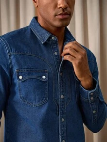RivetRise Herrlångärmad, avslappnad gatustil, ficklock, blå denimskjorta, tvättad blå topp för pojkvän och make, höst - Mediumtvätt - Visa 1